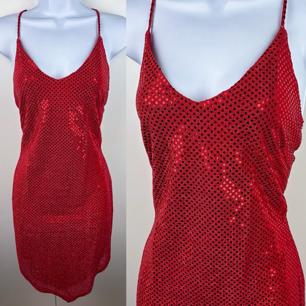 Y2K Red Sequin Criss Cross Open Back Cocktail Mini Showgirl Dance Party Dress